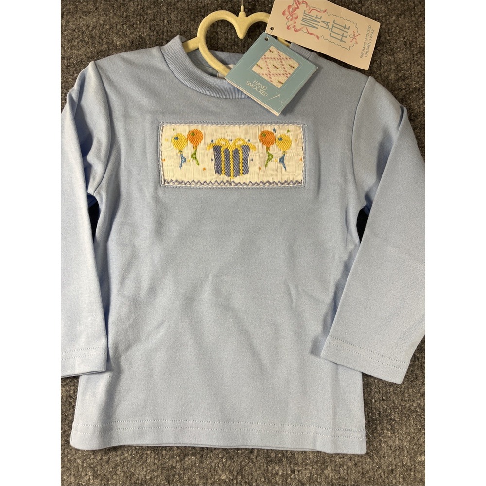 NWT Vive La Fête Boys Smocked Birthday Long Sleeve Knit Shirt Blue 18M